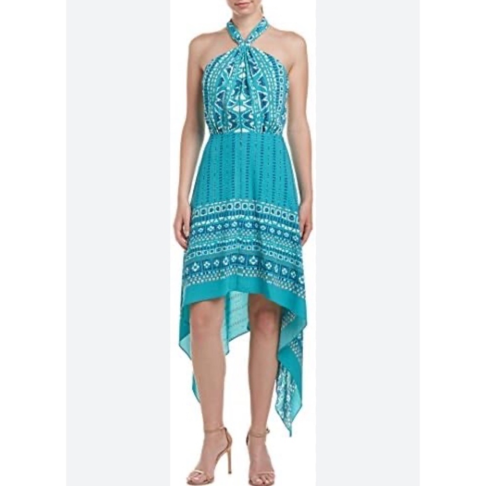 BCBG MAXAZRIA Dress Occasion Open Back Halter Top Handkerchief Hem Blue Print